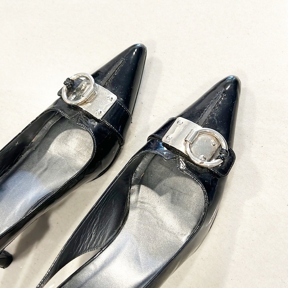 Stuart Weitzman Tabetha Patent Leather Kitten Heels Black Buckle Pointed Toe 7 - Picture 9 of 13